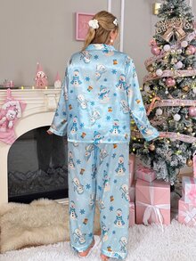Slumberry CURVE Sweet Cute Christmas Snowman Bell Snowflake Print Turn-Down Collar Front Button Satin Blue Plus Size Pajama Set - Blue - View 2