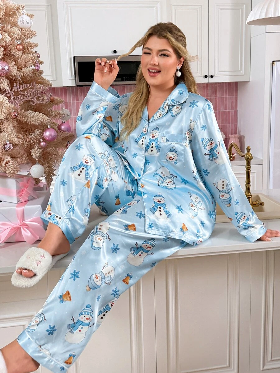 Slumberry CURVE Sweet Cute Christmas Snowman Bell Snowflake Print Turn-Down Collar Front Button Satin Blue Plus Size Pajama Set - Blue - View 1