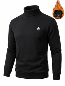 Manfinity CityGents 男士抓絨內裡高領毛衣 純色騎士刺繡保暖長袖針織套頭衫 秋季辦公商務全黑休閒款 - 黑色 - 查看 2
