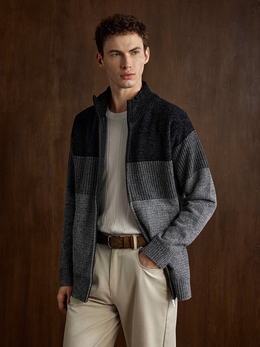 Manfinity CityGents Men's Patchwork Quilted Cardigan Old Money Formal Keep Warm - Black - View 1