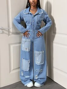 BamGleam Festival Standard Size Women's Blue Non-Stretch Distressed Patchwork Long Sleeve Denim Jumpsuit - Light Wash - View 4