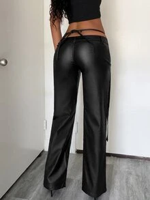 Jeanoix Women's Low Waist Y2K Fashion Lace-Up Faux PU Coated Long Pants - Black - View 2