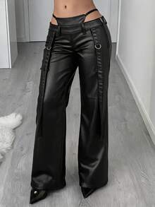 Jeanoix Women's Low Waist Y2K Fashion Lace-Up Faux PU Coated Long Pants - Black - View 4