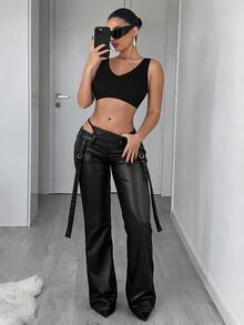 Jeanoix Women's Low Waist Y2K Fashion Lace-Up Faux PU Coated Long Pants - Black - View 3