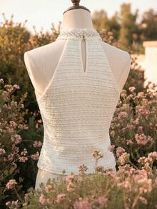 Vintamour Vintage Elegant Plus Size Women's Knitted Jacquard Textured Pearl Rhinestone Patchwork Halter Tank Top, Christmas, Thanksgiving, New Year, Disco - Beige - View 8
