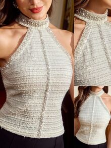 Vintamour Vintage Elegant Plus Size Women's Knitted Jacquard Textured Pearl Rhinestone Patchwork Halter Tank Top, Christmas, Thanksgiving, New Year, Disco - Beige - View 2