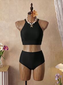Swim Basics 2pcs Set Bikini Wanita Hitam Pinggang Tinggi Kasual untuk Liburan Musim Panas - Hitam - View 3