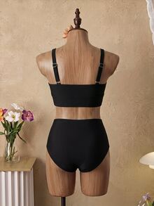 Swim Basics 2pcs Set Bikini Wanita Hitam Pinggang Tinggi Kasual untuk Liburan Musim Panas - Hitam - View 4