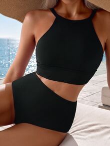 Swim Basics 2pcs Set Bikini Wanita Hitam Pinggang Tinggi Kasual untuk Liburan Musim Panas - Hitam - View 6