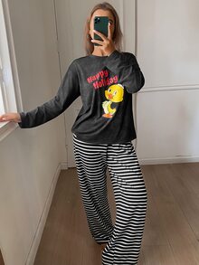 TOM AND JERRY X DAZY Autumn/Winter Vintage Distressed Cartoon Print Top & Striped Pajama Pants Set Women's Sleepwear - Dark Grey - View 4