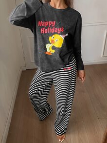 TOM AND JERRY X DAZY Autumn/Winter Vintage Distressed Cartoon Print Top & Striped Pajama Pants Set Women's Sleepwear - Dark Grey - View 5