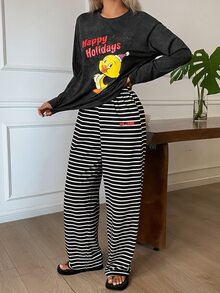TOM AND JERRY X DAZY Autumn/Winter Vintage Distressed Cartoon Print Top & Striped Pajama Pants Set Women's Sleepwear - Dark Grey - View 6