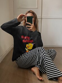 TOM AND JERRY X DAZY Autumn/Winter Vintage Distressed Cartoon Print Top & Striped Pajama Pants Set Women's Sleepwear - Dark Grey - View 3