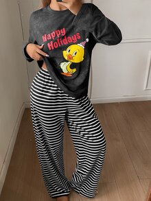 TOM AND JERRY X DAZY Autumn/Winter Vintage Distressed Cartoon Print Top & Striped Pajama Pants Set Women's Sleepwear - Dark Grey - View 1