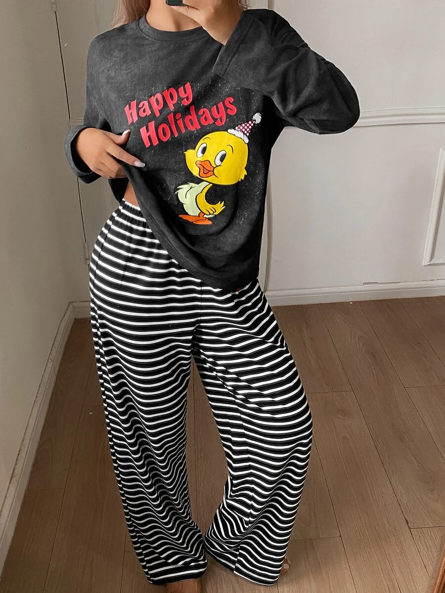 TOM AND JERRY X DAZY Autumn/Winter Vintage Distressed Cartoon Print Top & Striped Pajama Pants Set Women's Sleepwear - Dark Grey - View 1