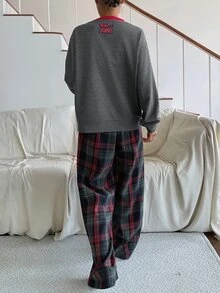 TOM AND JERRY X DAZY Women's Winter Christmas Theme Cartoon Pattern Loose Top & Plaid Pajama Pants Sleepwear Set - Grey - View 2