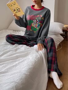 TOM AND JERRY X DAZY Women's Winter Christmas Theme Cartoon Pattern Loose Top & Plaid Pajama Pants Sleepwear Set - Grey - View 1