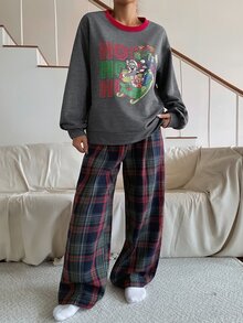 TOM AND JERRY X DAZY Women's Winter Christmas Theme Cartoon Pattern Loose Top & Plaid Pajama Pants Sleepwear Set - Grey - View 3