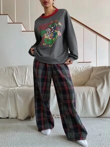 TOM AND JERRY X DAZY Women's Winter Christmas Theme Cartoon Pattern Loose Top & Plaid Pajama Pants Sleepwear Set - Grey - View 5