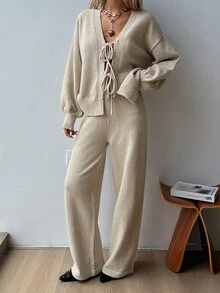 Livesso Women's 2pcs Set: Apricot Round Neck Long Sleeve Knit Sweater & High Waist Slim Fit Ribbed Knit Pants, Winter - Apricot - View 3