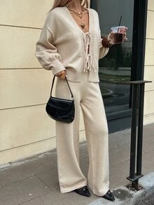 Livesso Women's 2pcs Set: Apricot Round Neck Long Sleeve Knit Sweater & High Waist Slim Fit Ribbed Knit Pants, Winter - Apricot - View 4