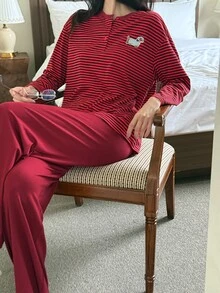 DAZY Women's Striped Long Sleeve Top And Pants Casual Daily Home Sleepwear Set - Red - View 5