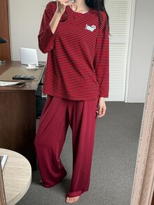 DAZY Women's Striped Long Sleeve Top And Pants Casual Daily Home Sleepwear Set - Red - View 3