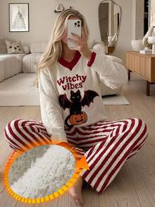 DAZY Halloween Themed Pattern Autumn/Winter Soft Knit Comfortable Half-Fleece 2 Pieces Loungewear Pajama Set For Women - Red - View 3