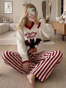 DAZY Halloween Themed Pattern Autumn/Winter Soft Knit Comfortable Half-Fleece 2 Pieces Loungewear Pajama Set For Women - Red - View 13