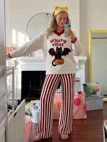 DAZY Halloween Themed Pattern Autumn/Winter Soft Knit Comfortable Half-Fleece 2 Pieces Loungewear Pajama Set For Women - Red - View 10