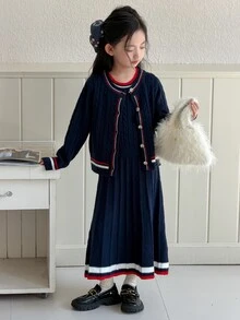 DAZY Tween Girls Sweater Set Cardigan And Dress Striped Decor Casual Fashion Creative Personalized Fresh Cute - Navy Blue - View 3