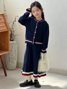 DAZY Tween Girls Sweater Set Cardigan And Dress Striped Decor Casual Fashion Creative Personalized Fresh Cute - Navy Blue - View 7