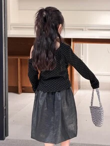 DAZY Tween Girl Polka Dot Print Asymmetric Collar Long Sleeve T-Shirt - Black - View 2