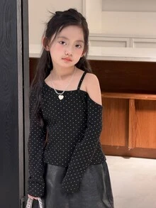 DAZY Tween Girl Polka Dot Print Asymmetric Collar Long Sleeve T-Shirt - Black - View 5