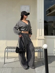 DAZY Women's 2pcs Set Gray Short Zip-Up Hoodie With Drawstring And Wide Leg Long Pants, Washed Distressed Street Casual Sportswear, Autumn/Winter Y2k - Grey - View 2