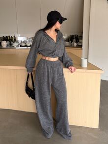 DAZY Women's 2pcs Set Gray Short Zip-Up Hoodie With Drawstring And Wide Leg Long Pants, Washed Distressed Street Casual Sportswear, Autumn/Winter Y2k - Grey - View 3