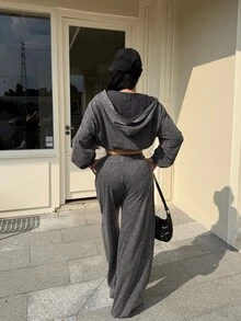 DAZY Women's 2pcs Set Gray Short Zip-Up Hoodie With Drawstring And Wide Leg Long Pants, Washed Distressed Street Casual Sportswear, Autumn/Winter Y2k - Grey - View 8