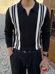 DAZY Men's Fashion Casual Sweater With Contrast Color Striped Collar - Black - View 4