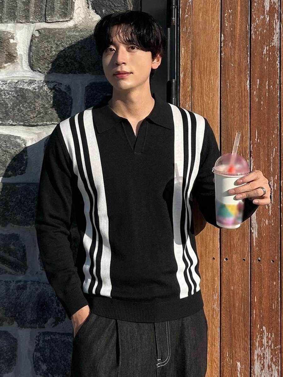 DAZY Men's Fashion Casual Sweater With Contrast Color Striped Collar - Black - View 1
