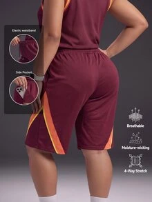 Powerista Women's Plus Size SpringSummer Drawstring Athletic Alternative Tropical Kawaii Shorts Burgundy Color Block Side Stripe Detail Gym Workout - Burgundy - View 2