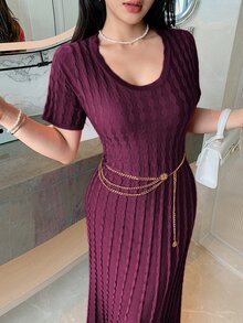 Feyla New French Design Jacquard Cable Knit U-Neck Waist-Cinching A-Line Elegant Versatile Everyday Dress Dinner Date Brunch Burgundy Autumn - Red Violet - View 3