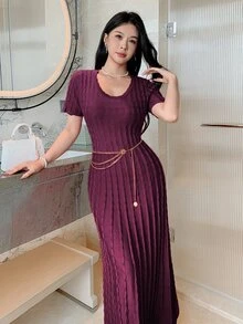 Feyla New French Design Jacquard Cable Knit U-Neck Waist-Cinching A-Line Elegant Versatile Everyday Dress Dinner Date Brunch Burgundy Autumn - Red Violet - View 7