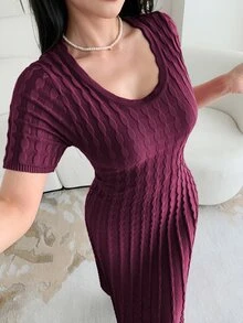 Feyla New French Design Jacquard Cable Knit U-Neck Waist-Cinching A-Line Elegant Versatile Everyday Dress Dinner Date Brunch Burgundy Autumn - Red Violet - View 5