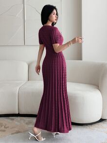 Feyla New French Design Jacquard Cable Knit U-Neck Waist-Cinching A-Line Elegant Versatile Everyday Dress Dinner Date Brunch Burgundy Autumn - Red Violet - View 6