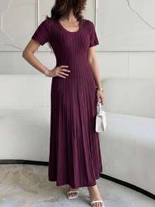 Feyla New French Design Jacquard Cable Knit U-Neck Waist-Cinching A-Line Elegant Versatile Everyday Dress Dinner Date Brunch Burgundy Autumn - Red Violet - View 4