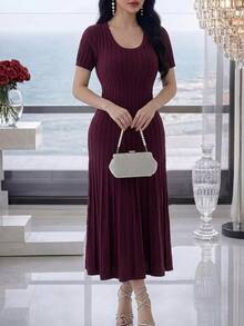 Feyla New French Design Jacquard Cable Knit U-Neck Waist-Cinching A-Line Elegant Versatile Everyday Dress Dinner Date Brunch Burgundy Autumn - Red Violet - View 2