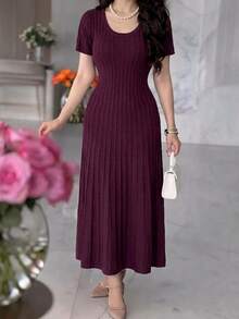 Feyla New French Design Jacquard Cable Knit U-Neck Waist-Cinching A-Line Elegant Versatile Everyday Dress Dinner Date Brunch Burgundy Autumn - Red Violet - View 1