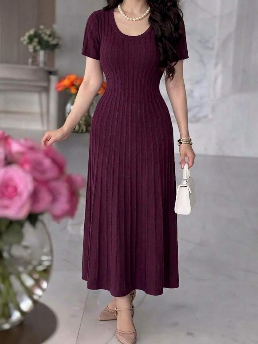 Feyla New French Design Jacquard Cable Knit U-Neck Waist-Cinching A-Line Elegant Versatile Everyday Dress Dinner Date Brunch Burgundy Autumn - Red Violet - View 1