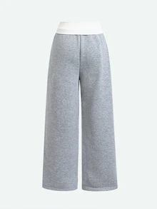 SHEIN Kids Tween Girl Colorblock Patchwork Pleated Loose Letter Slogan Print Wide Leg Straight Sweatpants, Thermal Lined Thickened Light Gray Autumn - Light Grey - View 2