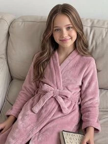SHEIN Jubah Anak Perempuan Remaja Musim Gugur/Dingin, Bahan Lembut, Warna Coral, Termal, Bagian Depan Terbuka, Ikat Pita, Berlapisan Termal, Tebal, Potongan Longgar, Warna Merah Muda Pucat - Dusty Pink - View 5
